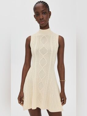 new Staud CHARADE IVORY SLEEVELESS CABLE KNIT SWEATER DRESS wool blend cream